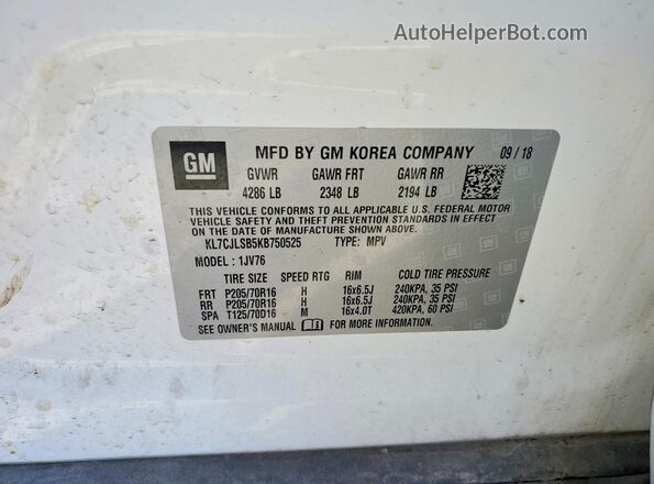 KL7CJLSB5KB750525 2019 CHEVROLET TRAX White VIN კოდის სტიკერის ხედი