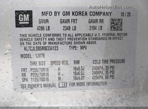 KL7CJLSB5MB334123 2021 CHEVROLET TRAX Silver Շարժիչի բաժամունքի տեսք