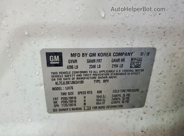 KL7CJLSB7JB634189 2018 CHEVROLET TRAX White Engine compartment view