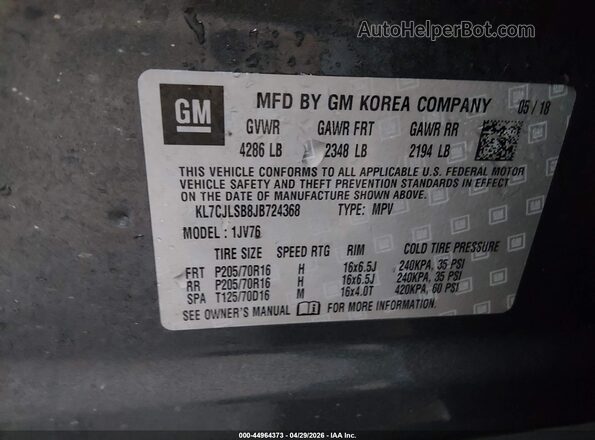 KL7CJLSB8JB724368 2018 CHEVROLET TRAX Gray 
