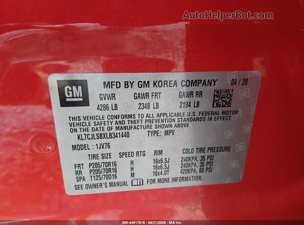 KL7CJLSBXLB341440 2020 CHEVROLET TRAX Red ძრავის განყოფილების ხედი