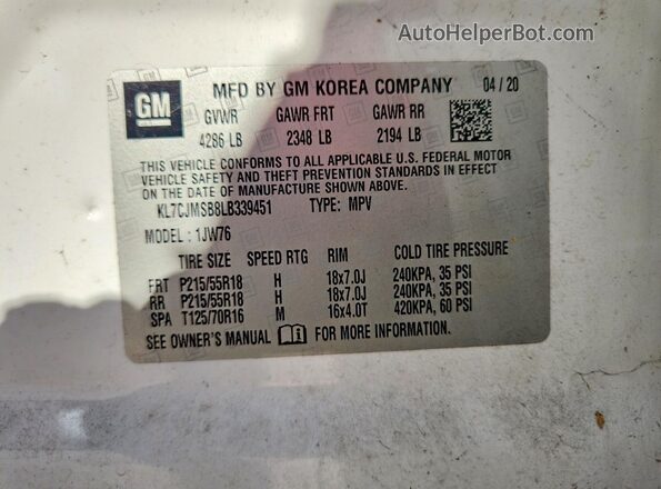 KL7CJMSB8LB339451 2020 CHEVROLET TRAX White Vista interior de 360 grados