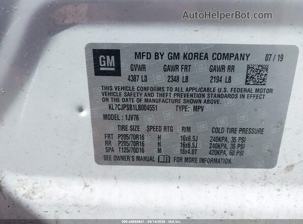 KL7CJPSB1LB004551 2020 CHEVROLET TRAX White 