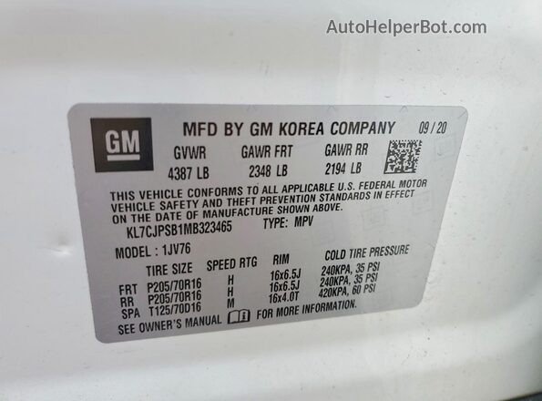 KL7CJPSB1MB323465 2021 CHEVROLET TRAX White Vista interior de 360 grados