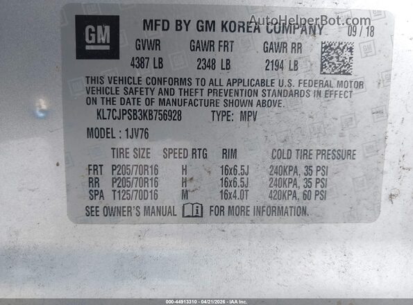 KL7CJPSB3KB756928 2019 CHEVROLET TRAX Серебряный 