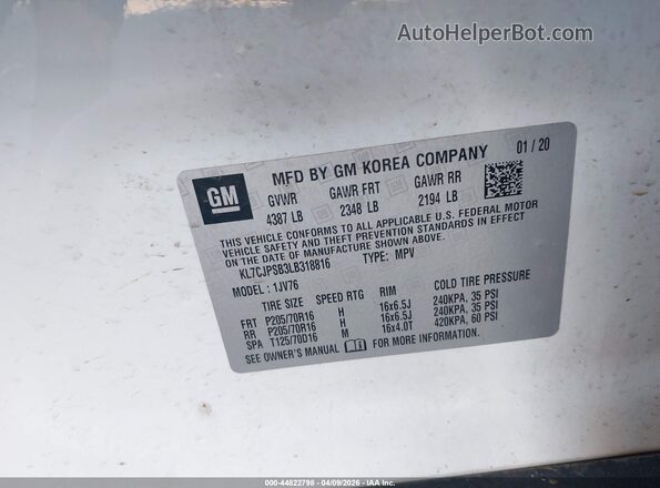 KL7CJPSB3LB318816 2020 CHEVROLET TRAX White Engine compartment view