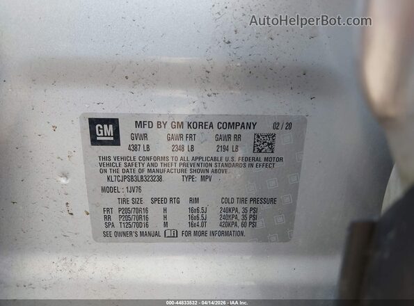 KL7CJPSB3LB323238 2020 CHEVROLET TRAX Silver Widok komory silnika