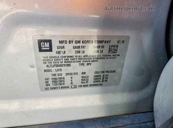 KL7CJPSB4KB781885 2019 CHEVROLET TRAX Серебряный Вид наклейки с VIN-кодом