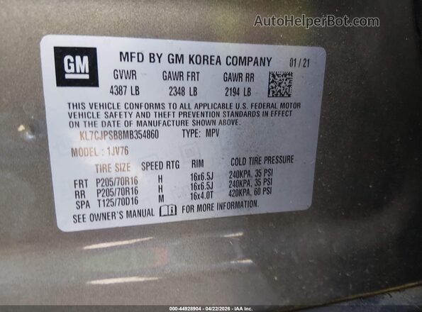 KL7CJPSB8MB354860 2021 CHEVROLET TRAX Brown Vista del compartimento del motor
