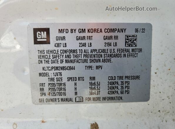 KL7CJPSM2NB543944 2022 CHEVROLET TRAX White Vista del compartimento del motor