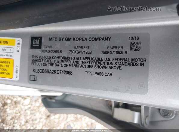 KL8CB6SA2KC742068 2019 CHEVROLET SPARK Silver Вид підкапотного простору