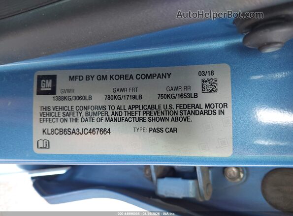 KL8CB6SA3JC467664 2018 CHEVROLET SPARK Blue 