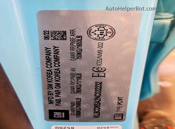 KL8CD6SA2NC032232 2022 CHEVROLET SPARK Blue Widok naklejki z numerem VIN