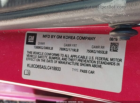KL8CD6SA5LC418933 2020 CHEVROLET SPARK Pink Widok komory silnika
