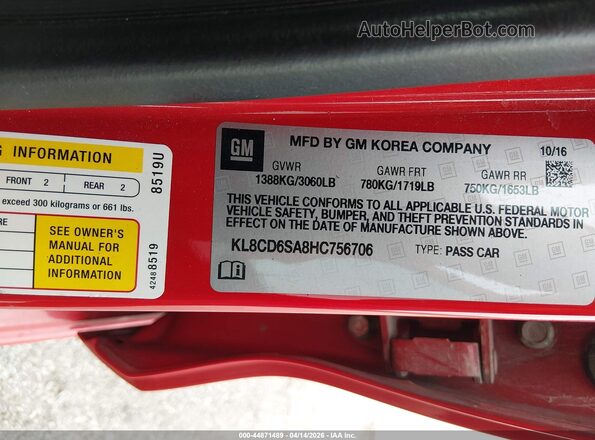 KL8CD6SA8HC756706 2017 CHEVROLET SPARK Red Vista del compartimento del motor