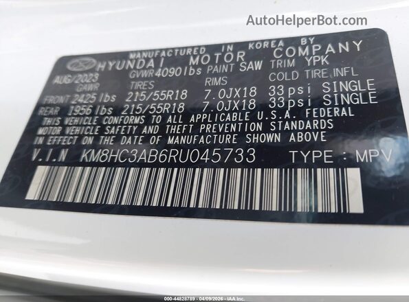 KM8HC3AB6RU045733 2024 HYUNDAI KONA White Widok naklejki z numerem VIN