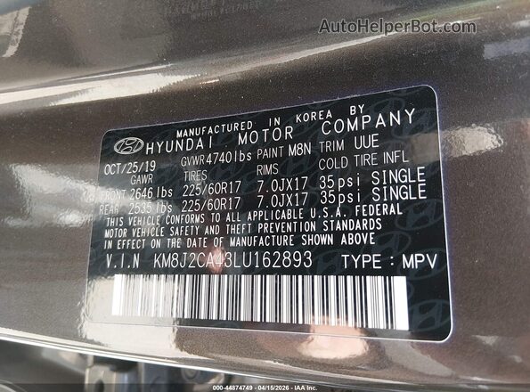 KM8J2CA43LU162893 2020 HYUNDAI TUCSON Gray Vista del compartimento del motor