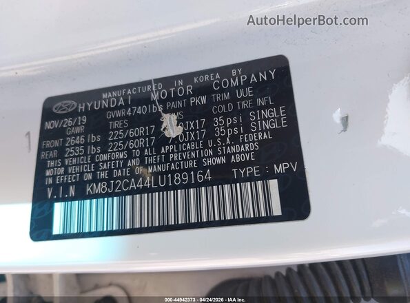 KM8J2CA44LU189164 2020 HYUNDAI TUCSON White Շարժիչի բաժամունքի տեսք