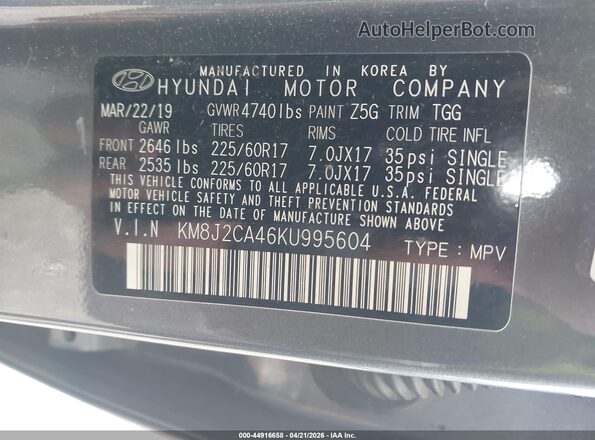 KM8J2CA46KU995604 2019 HYUNDAI TUCSON Gray 