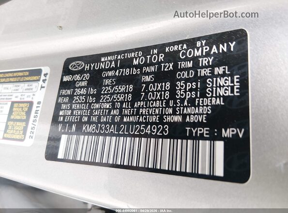 KM8J33AL2LU254923 2020 HYUNDAI TUCSON Серебряный 