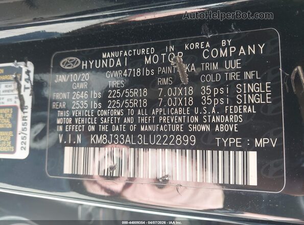 KM8J33AL3LU222899 2020 HYUNDAI TUCSON Black Widok komory silnika