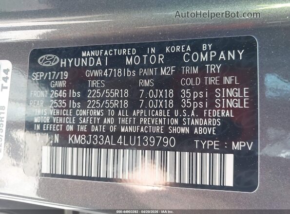 KM8J33AL4LU139790 2020 HYUNDAI TUCSON Gray Շարժիչի բաժամունքի տեսք