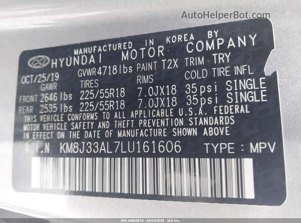 KM8J33AL7LU161606 2020 HYUNDAI TUCSON Silver Widok komory silnika