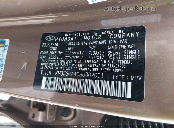 KM8J3CA40HU302001 2017 HYUNDAI TUCSON Brown Widok komory silnika