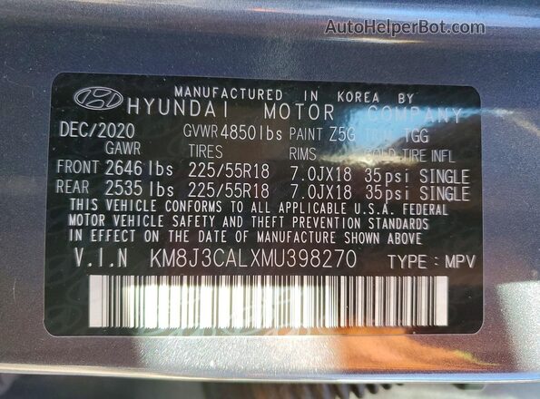 KM8J3CALXMU398270 2021 HYUNDAI TUCSON Серый Панорамный вид салона 360°