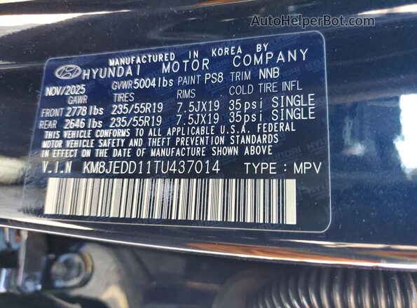 KM8JEDD11TU437014 2026 HYUNDAI TUCSON Blue Widok naklejki z numerem VIN