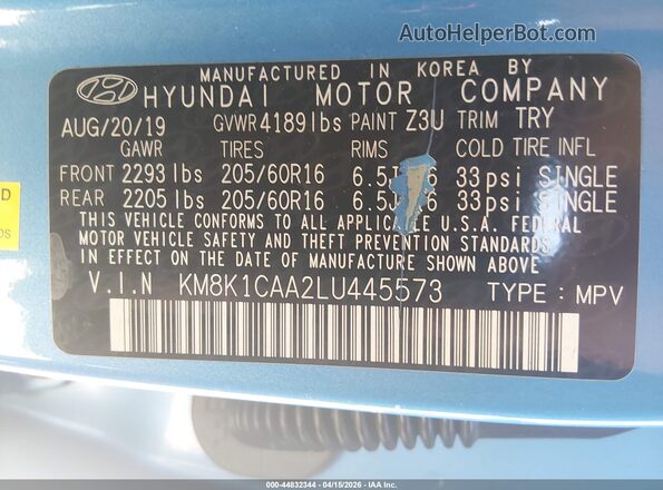 KM8K1CAA2LU445573 2020 HYUNDAI KONA Blue Շարժիչի բաժամունքի տեսք
