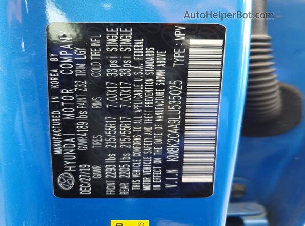 KM8K2CAA9LU535025 2020 HYUNDAI KONA Blue Engine compartment view