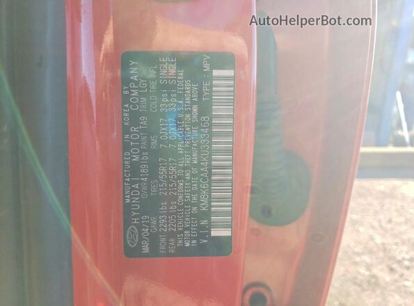 KM8K6CAA4KU333468 2019 HYUNDAI KONA Красный 