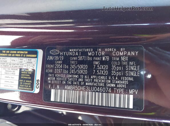 KM8R5DHE3LU046074 2020 HYUNDAI PALISADE Maroon Widok komory silnika