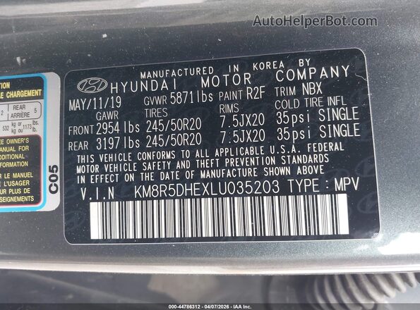 KM8R5DHEXLU035203 2020 HYUNDAI PALISADE Gray Շարժիչի բաժամունքի տեսք
