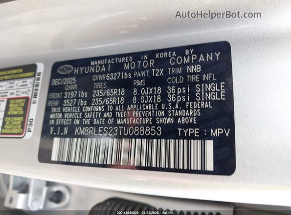 KM8RLES23TU088853 2026 HYUNDAI PALISADE Silver Вид підкапотного простору