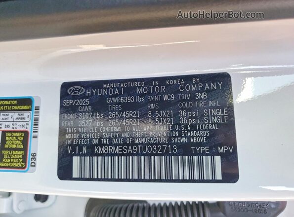 KM8RMESA9TU032713 2026 HYUNDAI PALISADE Белый Панорамный вид салона 360°