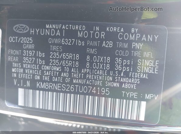 KM8RNES26TU074195 2026 HYUNDAI PALISADE Черный Вид подкапотного пространства