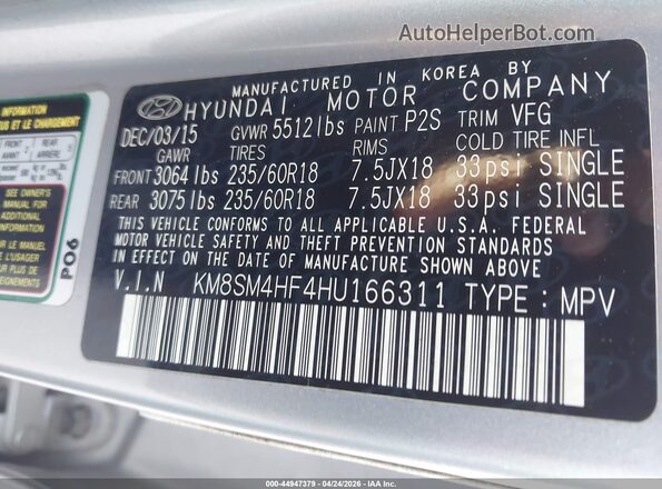 KM8SM4HF4HU166311 2017 HYUNDAI SANTA FE Gray ძრავის განყოფილების ხედი