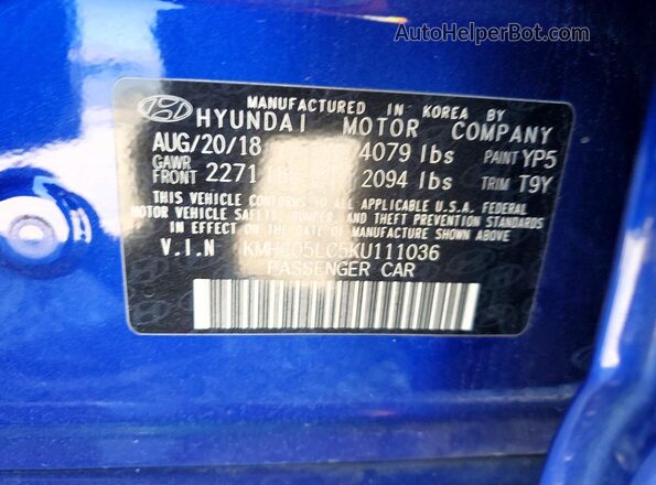 KMHC05LC5KU111036 2019 HYUNDAI IONIQ Blue Vista de la etiqueta del VIN