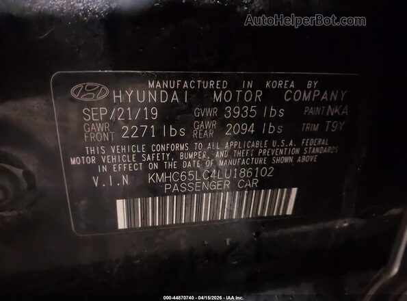 KMHC65LC4LU186102 2020 HYUNDAI IONIQ HYBRID Black Շարժիչի բաժամունքի տեսք