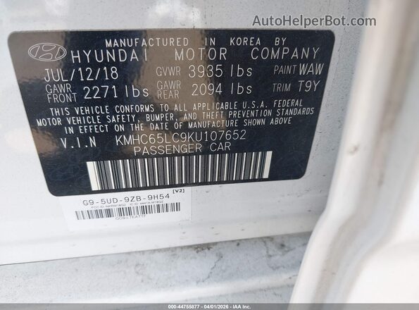 KMHC65LC9KU107652 2019 HYUNDAI IONIQ HYBRID White 
