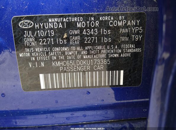 KMHC65LD0KU173385 2019 HYUNDAI IONIQ PLUG-IN HYBRID Blue Widok komory silnika