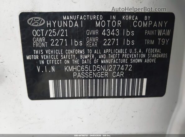 KMHC65LD5NU277472 2022 HYUNDAI IONIQ PLUG-IN HYBRID White ძრავის განყოფილების ხედი