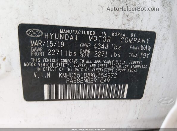 KMHC65LD8KU154972 2019 HYUNDAI IONIQ PLUG-IN HYBRID White Вид підкапотного простору