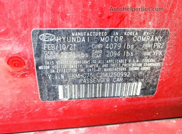 KMHC75LC2MU250992 2021 HYUNDAI IONIQ Red Widok naklejki z numerem VIN