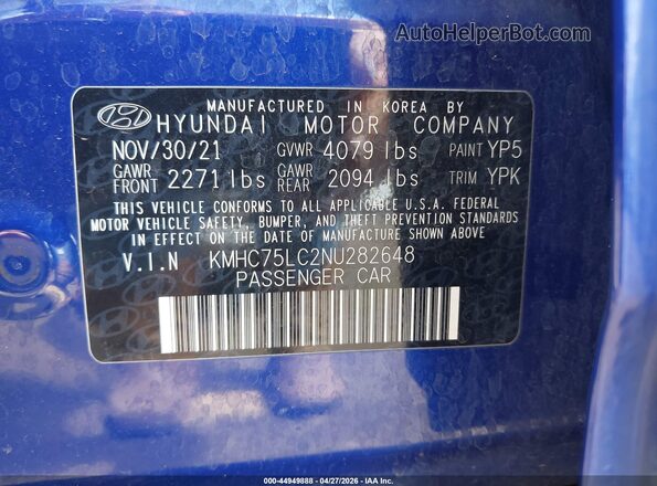 KMHC75LC2NU282648 2022 HYUNDAI IONIQ HYBRID Blue ძრავის განყოფილების ხედი