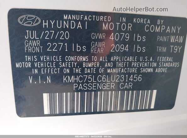 KMHC75LC6LU231456 2020 HYUNDAI IONIQ HYBRID White Շարժիչի բաժամունքի տեսք