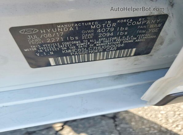 KMHC85LC7HU050094 2017 HYUNDAI IONIQ White VIN კოდის სტიკერის ხედი