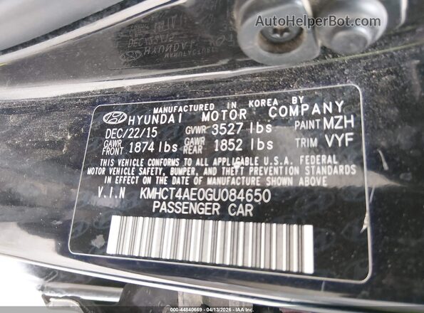 KMHCT4AE0GU084650 2016 HYUNDAI ACCENT Black Շարժիչի բաժամունքի տեսք